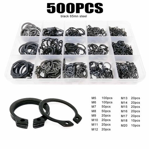 500 Piece M5 To M20 External Snap Ring Set In Black Stainless Steel 65Mn Retaining Clips C Type Circlips Kit