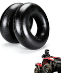 Two Pack 25x8x12 ATV UTV Inner Tubes Heavy Duty Butyl Rubber With TR6 Metal Valve Stem Fits 25x8-12 Tires next to red ATV