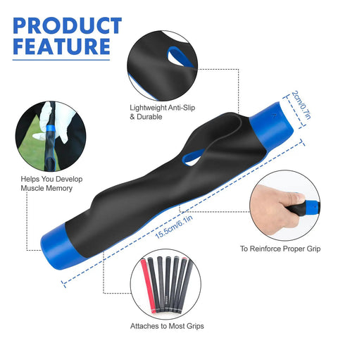 Golf Grip Trainer For Left And Right Handed Players, Durable Non Slip Practice Aid in blue, highlighting features like anti-slip design.