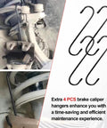 Brake caliper piston compressor tool kit with 4 black hooks; metal hangers shown installed on vehicle.