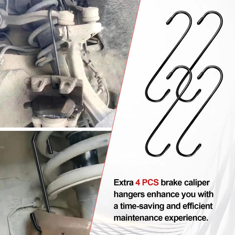 Brake caliper piston compressor tool kit with 4 black hooks; metal hangers shown installed on vehicle.
