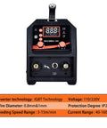 Front view of Dual Voltage 160A MIG Welder 110V 220V 4 In 1 Welding Machine control panel and specifications chart.
