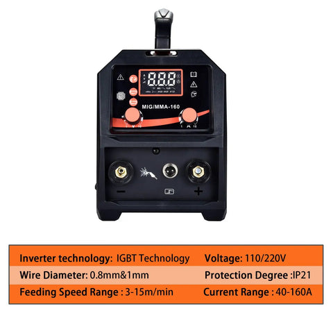 Front view of Dual Voltage 160A MIG Welder 110V 220V 4 In 1 Welding Machine control panel and specifications chart.