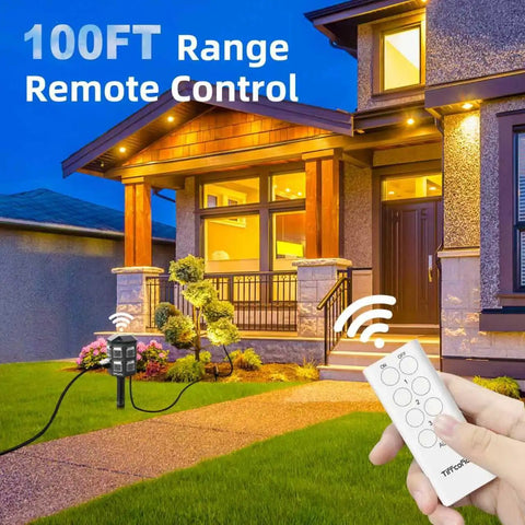 Outdoor Remote Control Power Strip With 100 Foot Waterproof Extension Cord And Six Independently Controlled Grounded Outlets