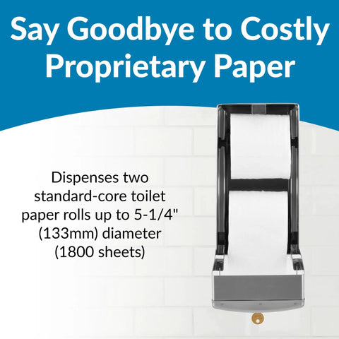 Surface Mounted Dual Roll Toilet Paper Dispenser In Satin Stainless Steel, ADA Compliant, shown open with capacity description