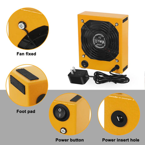 Heavy Duty Solder Fume Extractor with power button, foot pad, and fan details in sturdy yellow design