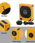 Pro Grade Solder Fume Extractor for Soldering Stations and DIY Projects showing metal enclosure, power button, and fan details