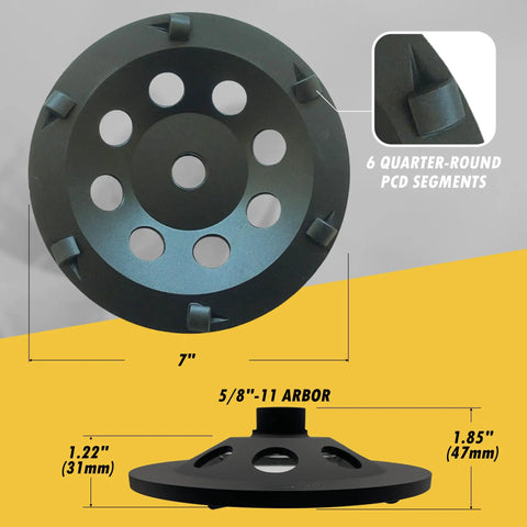 7 Inch PCD Grinding Wheel For Epoxy Glue Mastic And Paint With 6 Quarter Round Segments And Five Eighths Inch 11 Thread Arbor