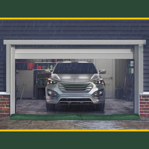 Garage with 5 Pack Water Barrier Flood Barriers, 5 Ft Long by 6.5 In Wide, Reusable Sandless Flood Sandbags in front of car