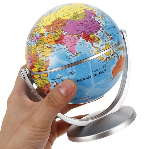 Blue World Globe With Smooth Rotation And Stable Stand For Classroom Office And Home Decor, Modern Educational Globe held by hand