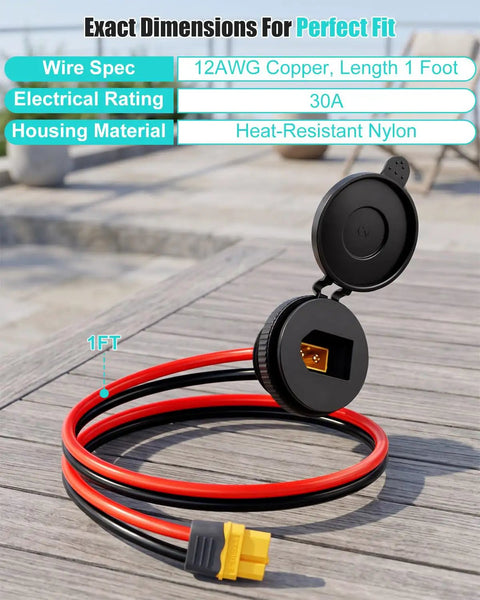 Ultimate JZHGVF XT60 Female Panel Mount Connector Cable With 12AWG Bulkhead Adapter displayed on a wooden surface, showcasing 1FT length.