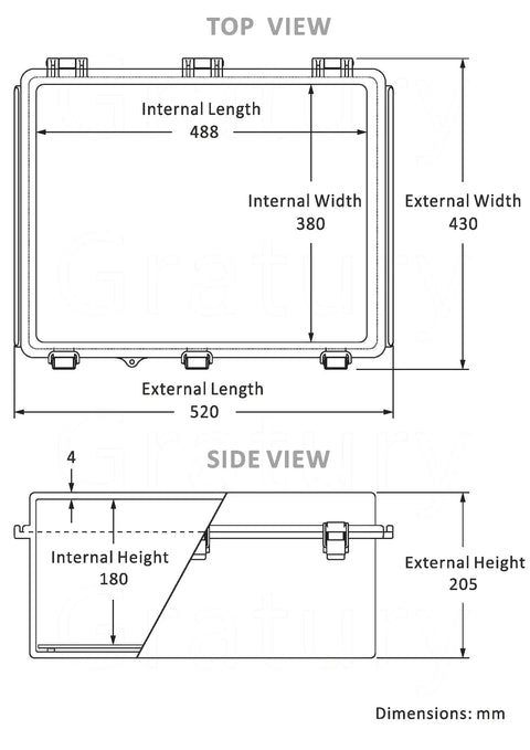Technical drawing of Outdoor IP67 Weatherproof Junction Box Enclosure With Hinged Gray Cover, dimensions 510x410x200mm.