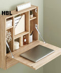 Wall-mounted drop-front desk with laptop and Two Pack 100N 22Lbs Drop-Down Gas Struts For Drop-Front Desks And Fold-Down Lids visible.