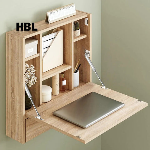Wall-mounted drop-front desk with laptop and Two Pack 100N 22Lbs Drop-Down Gas Struts For Drop-Front Desks And Fold-Down Lids visible.