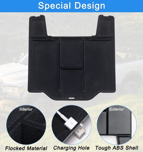 Center Console Organizer Upgrade With Flocked Liner For Dodge Ram 1500 2500 3500, inserts show ABS shell and charging hole feature