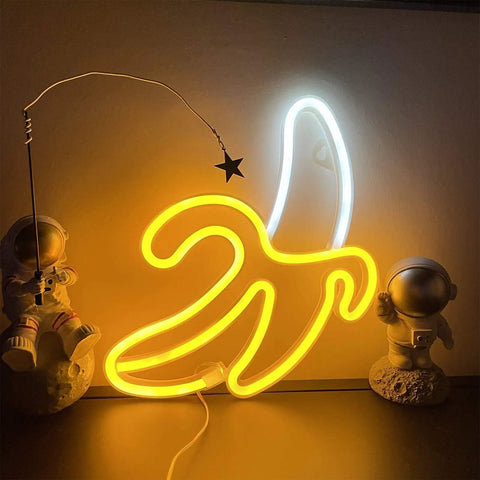Banana Neon Sign LED Light 11.4 x 7.9 Inches USB or Battery Powered Wall Decor Night Lamp with astronauts, ideal for kids' room