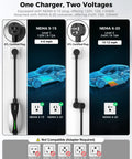 Portable Tesla Ev Charger Level 1 And Level 2 Etl Certified Dual Voltage Cable With 25 Foot Cord, NEMA 5-15 and NEMA 6-20 plugs.