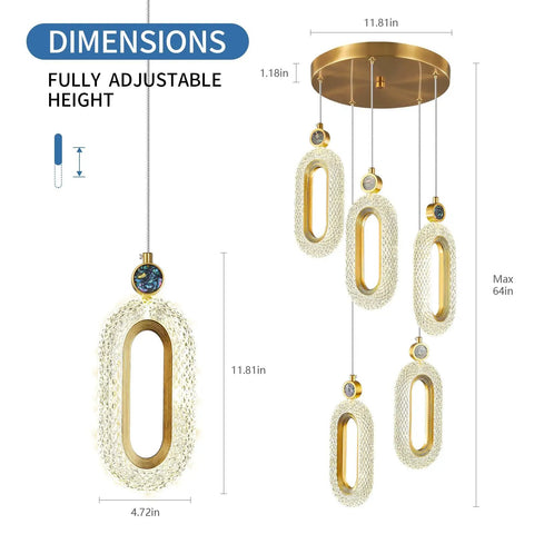 Lit Gold Brushed Modern Pendant Lights For Kitchen Island Three Pack LED Dimmable Mini Pendants dimensions and height details