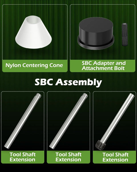 Cam Bearing Installation And Removal Tool components, including centering cone, adapter, bolt, and shaft extensions for SBC V8 and V6 engines.