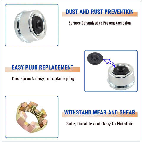 Features of Four Sets 7000 Lb Boat Trailer Axle Bearing Kit With 25580 14125A Bearings, highlighting dust prevention and durability