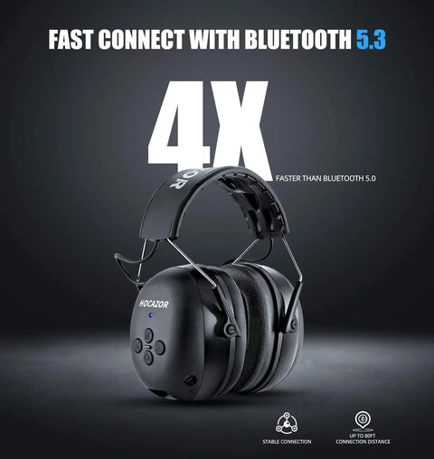 Bluetooth Five Point Three Hearing Protection Earmuffs with NRR 25dB Noise Canceling 40 Hours Play Time 1500mAh Rechargeable Battery Boss Grade Comfort for Mowing and Workshops Black highlighting Bluetooth 5.3 feature