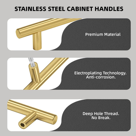 Gold Cabinet Pulls 3 Inch 15 Pack Brushed Brass Drawer Handles Set For Kitchen Cabinets Bathroom Cupboards And Dresser Hardware Stainless Steel Construction With Easy Screwdriver Installation, showing close-up views of the brushed brass finish and features.
