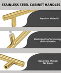 25 Pack 10 Inch Brushed Brass Cabinet Handles Set For Kitchen Cabinets And Drawers Bathroom Vanities And Dressers Premium Stainless Steel Hardware Durable Gold Tone Pulls With Easy Screwdriver Install, showing premium material, electroplating technology and deep hole thread features.