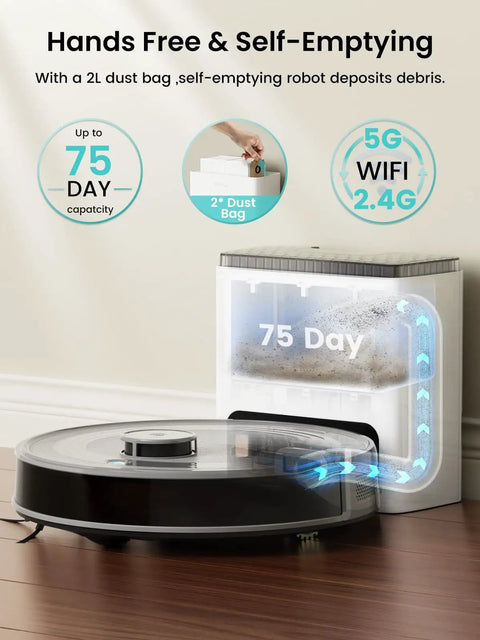 Black LiDAR Robot Vacuum And Mop With 10000Pa Suction 75 Day Self Emptying Base 360 Degree Mapping 240 Minute Runtime M2S Plus