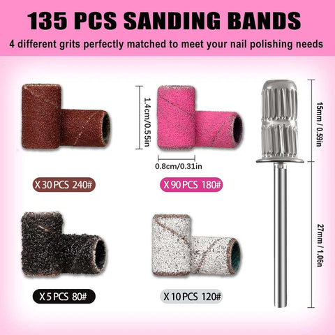 Haozher nail drill sanding bands set, 135 pcs, assorted grits 80/120/180/240 for acrylic and gel manicures