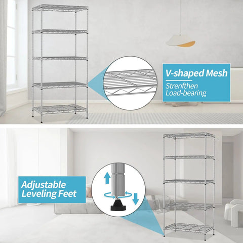 Heavy Duty Five Tier Wire Shelving Unit Rock Solid Chrome Metal Storage Rack With Quick Adjustable Levels Zero Fuss Assembly For Kitchen Garage Pantry Bathroom
