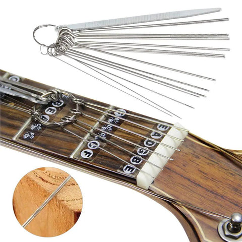 Guitar Luthier Tool Set With 13 Stainless Steel Bridge Saddle Nut Files shown on guitar neck setup