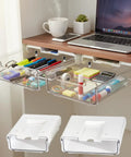 Super Sleek 2 Pack Under Desk Pull Out Storage Drawers Clear Acrylic Drawer Slides With Heavy Duty Self Adhesive Mount And No Sweat Setup For Home Office Counters, showcasing two acrylic drawers filled with office supplies.