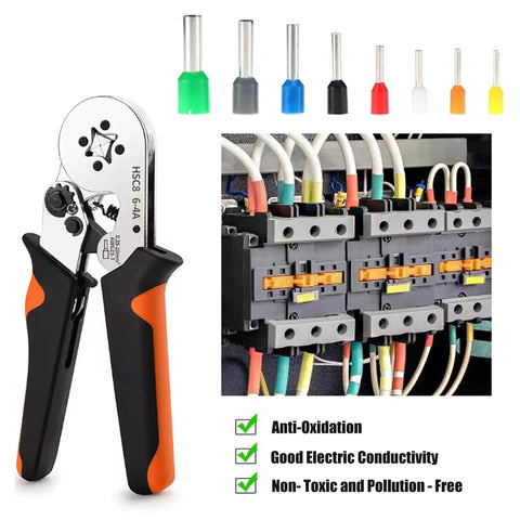 Dope Self-Adjustable Ratchet Wire Crimping Tool Kit For 23 AWG Down To 7 AWG Feats Heavy Duty Plier Plus 400 Pc Copper Terminal Connectors And Ferrules Perfect For Car Audio, Relays Lamp Wiring And Industrial Electrician Jobs, 6-4A plier with ferrules