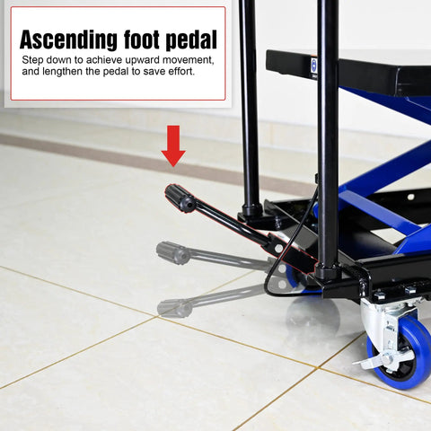 Heavy Duty Hydraulic Lift Trolley With Smooth Rolling Locking Wheels And Rock Solid 500 Pound Capacity For Shop Garage Or Warehouse Heavy Hauling Gear, close-up of ascending foot pedal for easy use.