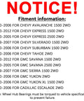 Notice of fitment information for various GM vehicles for the Front Wheel Hub Bearing Assembly 515054 Fits Chevy Silverado 1500 Tahoe Suburban Yukon Escalade Express 1500 2500 2000s 2WD Only Beefed Up Premium OEM Replacement. Specifies models and years including Chevy Avalanche, Express, Silverado, Suburban, Tahoe, GMC Savana, Sierra, Yukon, and Cadillac Escalade. Includes torque specification warning for wheel hub bearings to prevent failure.