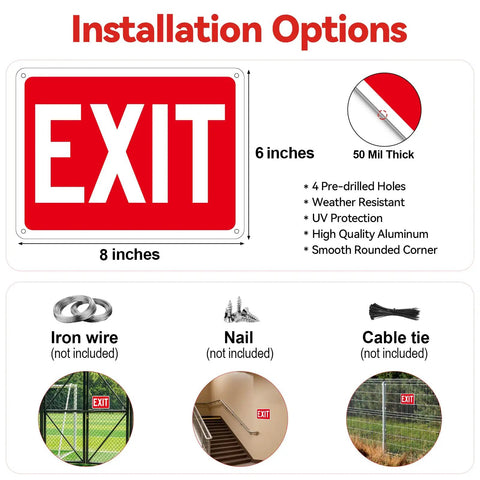 Installation options and features of Two Pack Aluminum Red Exit Signs for Doors and Walls, Easy to Install, 8 x 6 Inches