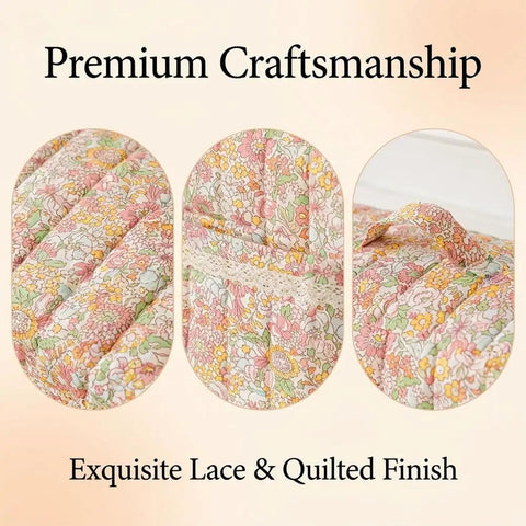 Close-up of Sewing Machine Cover With Storage Pockets And Quilted Floral Dust Cover, showing floral quilt and lace detail.