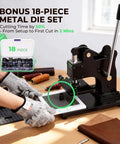 Small Leather Die Cutting Machine With 1 Ton Pressure And 18 Piece Die Set, ultra compact, manual cutter shown in action with gloves