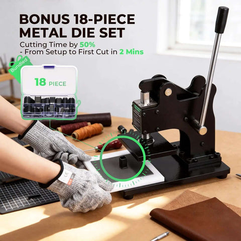 Small Leather Die Cutting Machine With 1 Ton Pressure And 18 Piece Die Set, ultra compact, manual cutter shown in action with gloves