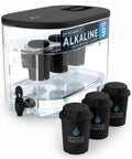 Alkaline Countertop Water Filter Dispenser With Three Filters Large 96 Gallons Per Filter Capacity Mineralized Water Up To PH 9 BPA Free Black Easy Pour Spout Family Size Hydration Station For Home Use with additional filters.