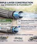 Triple-layer construction of Beefy Heavy Duty 50 Ft Stainless Steel Garden Hose With No Kink Design flexible, durable layers