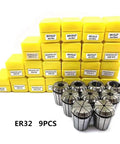 Precision Spring Collet Holder Set For Engraving CNC Milling And Lathe Tools 0.015mm Accuracy In ER32 Sizes with yellow boxes.