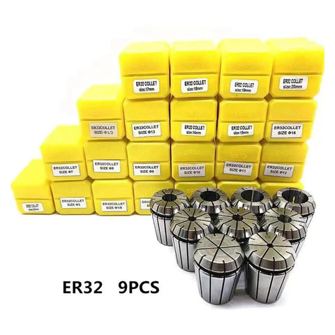Precision Spring Collet Holder Set For Engraving CNC Milling And Lathe Tools 0.015mm Accuracy In ER32 Sizes with yellow boxes.