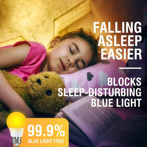 Child sleeping with teddy bear, Amber A19 Light Bulbs 9W 60W Equivalent Soft Warm 1800K Dimmable Night Light Blue Light Blocking in use