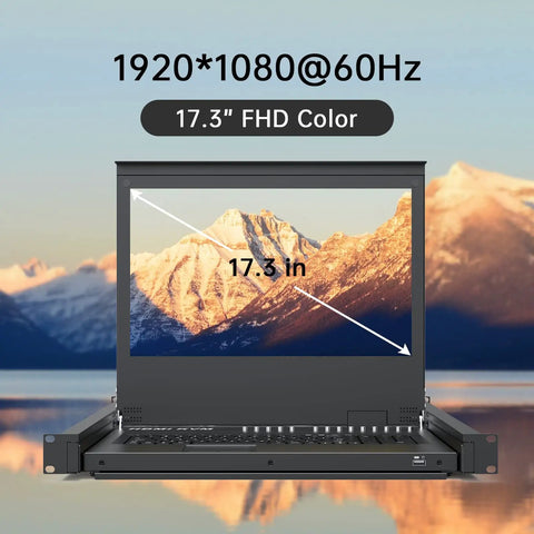 Slick One Rack Unit Kvm Console With 17.3 Inch Lcd Display And Integrated Us Keyboard manage sixteen servers showing 17.3" screen.