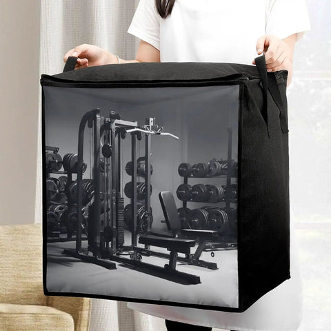 Person holding 70L Gym Equipment Storage Bag With Zippers And Handle, Extra Large Bedding And Comforter Organizer, fabric material