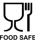 Icon representing food safe materials, featuring a glass and a fork, labeled 'FOOD SAFE'