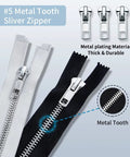 Close-up of metal tooth zippers and sliders from Zipper Repair Kit 52 Pieces Universal Five Zipper Replacement Slider Kit.