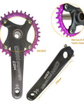 Hollow Integrated Mountain Bike Crank Set 104 BCD 34T 170mm Aluminum Alloy Narrow Wide Chainring Purple Black Finish close-up.