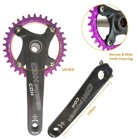 Hollow Integrated Mountain Bike Crank Set 104 BCD 34T 170mm Aluminum Alloy Narrow Wide Chainring Purple Black Finish close-up.